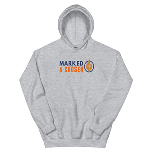Gildan 18500 heavy blend hooded sweatshirt in Sport Grey, showing a classic fit and front pouch pocket Printed on the front is the Marked & Chosen Logo.