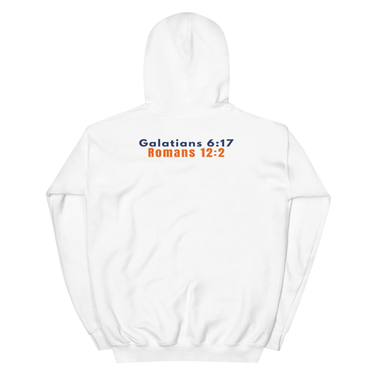 Gildan 18500 heavy blend hooded sweatshirt in White, showing a classic fit and Printed on the back is the Marked & Chosen Verses: Galatians 6:17 and Romans 12:2.