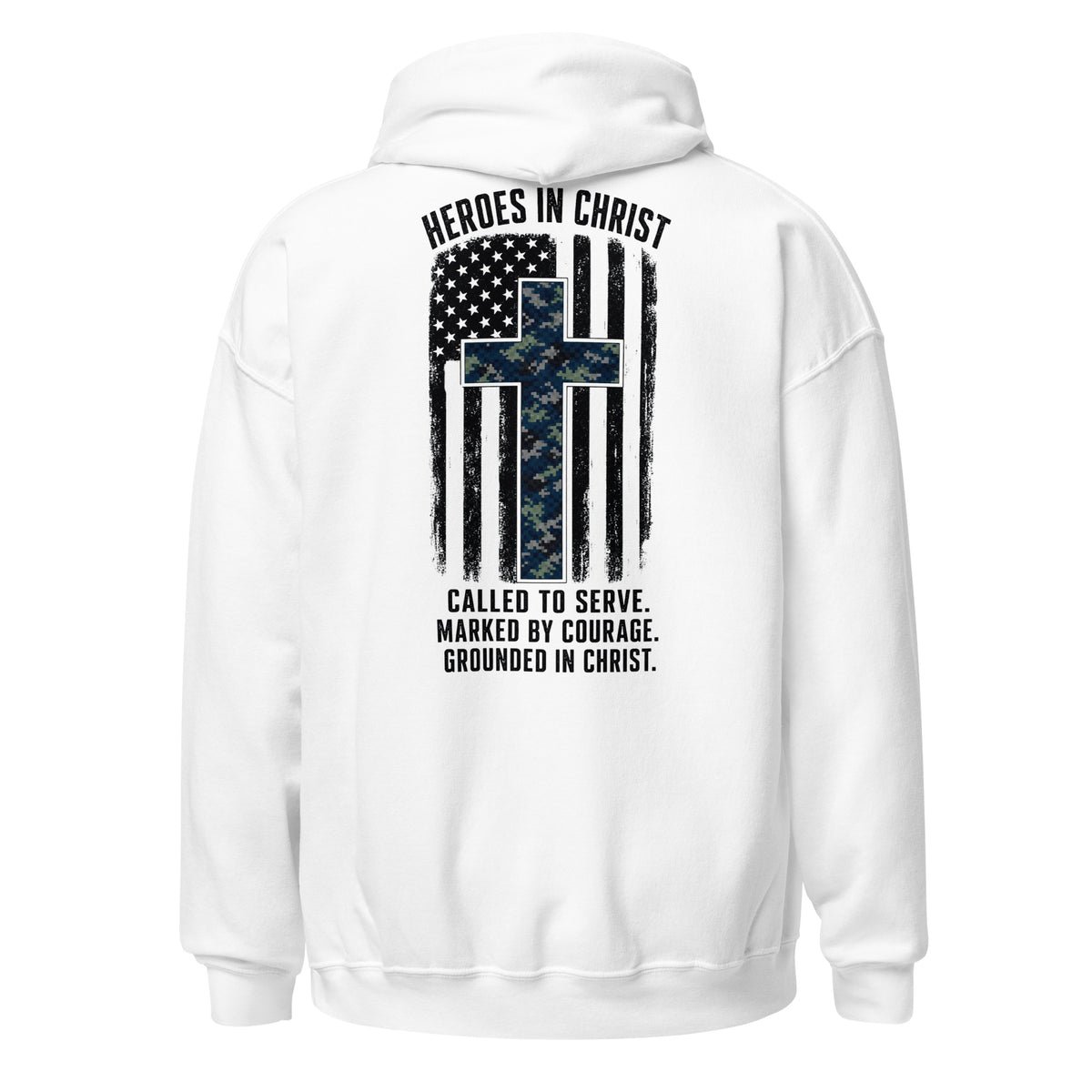 Heroes in Christ Navy Camo Hoodie - White - Back View