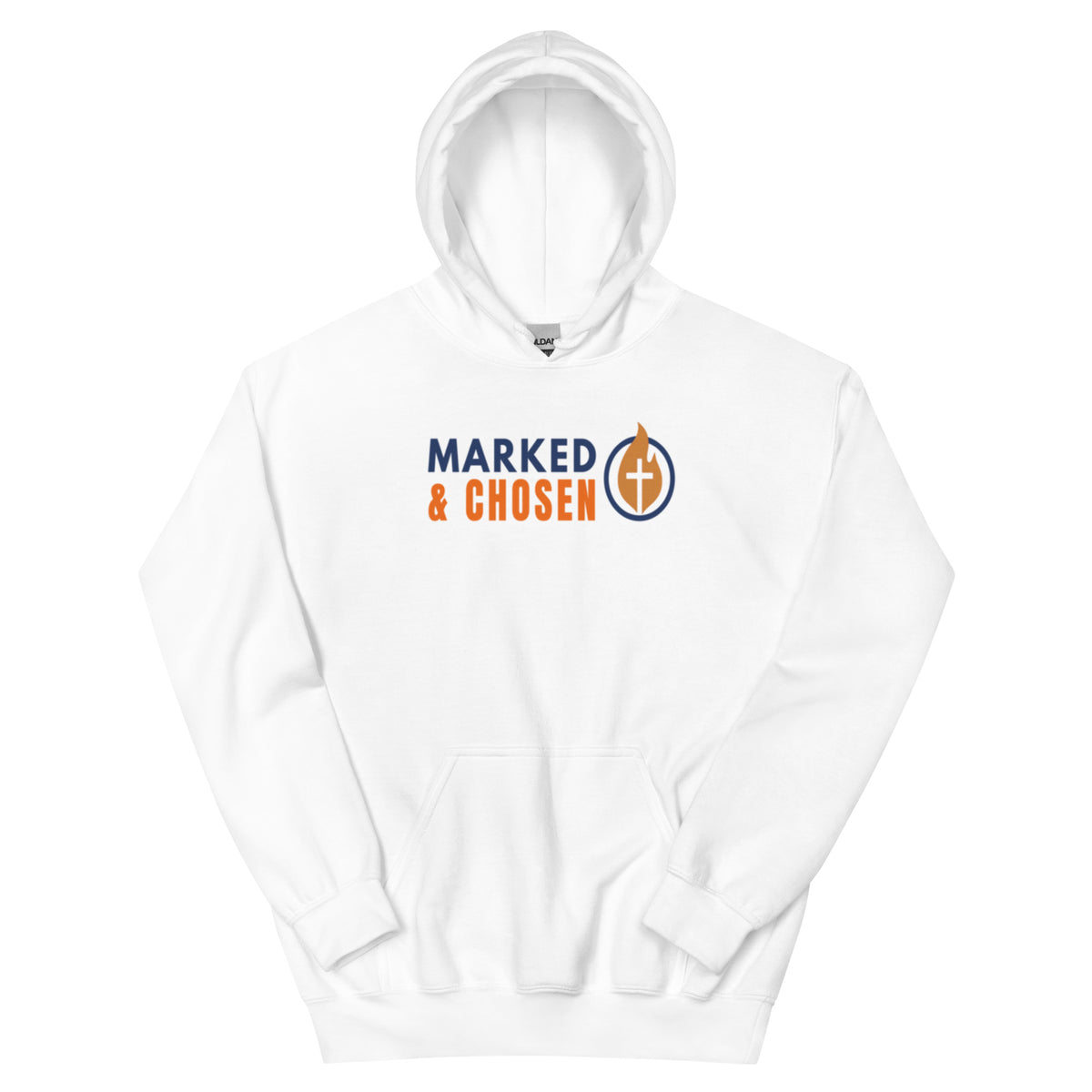 Gildan 18500 heavy blend hooded sweatshirt in White, showing a classic fit and front pouch pocket Printed on the front is the Marked & Chosen Logo.