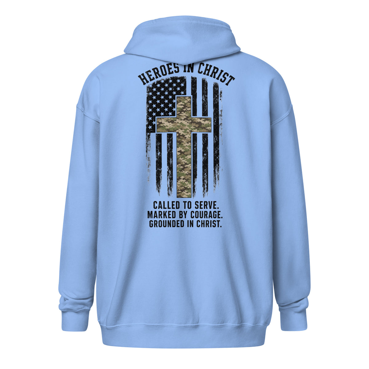 Heroes in Christ Army & Air Force Camo Full Zip Hoodie - Carolina Blue - Back View