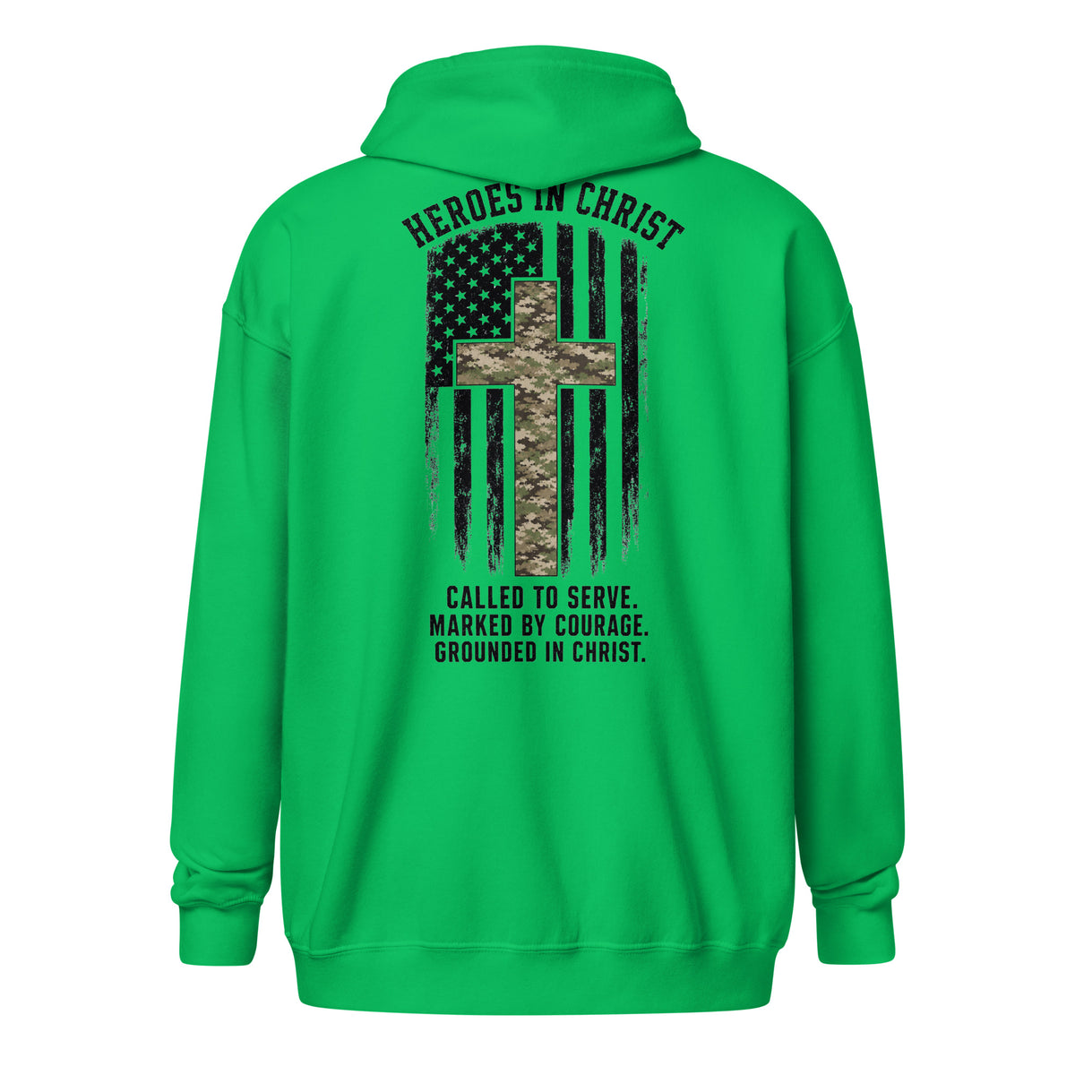 Heroes in Christ Army & Air Force Camo Full Zip Hoodie - Irish Green - Back View 2