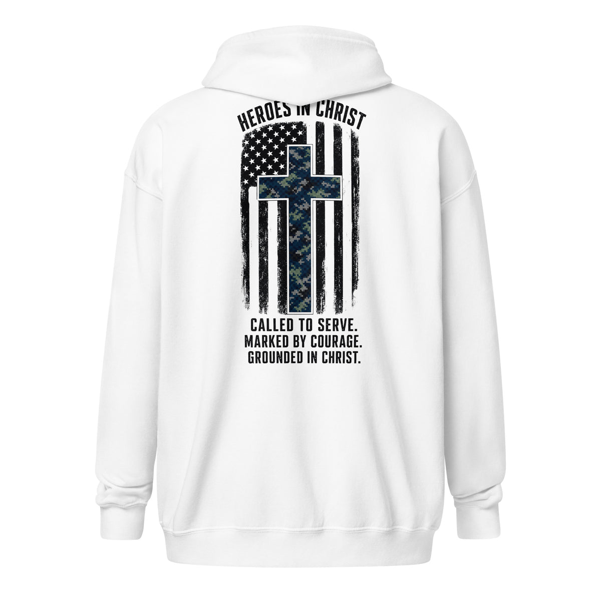 Heroes in Christ Navy Camo Full Zip Hoodie - White - Back View 2