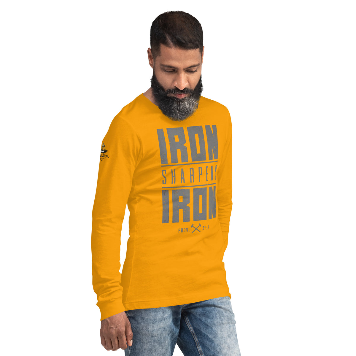 Men's Iron Sharpens Iron Long Sleeve Tee - Gold - Right Front View