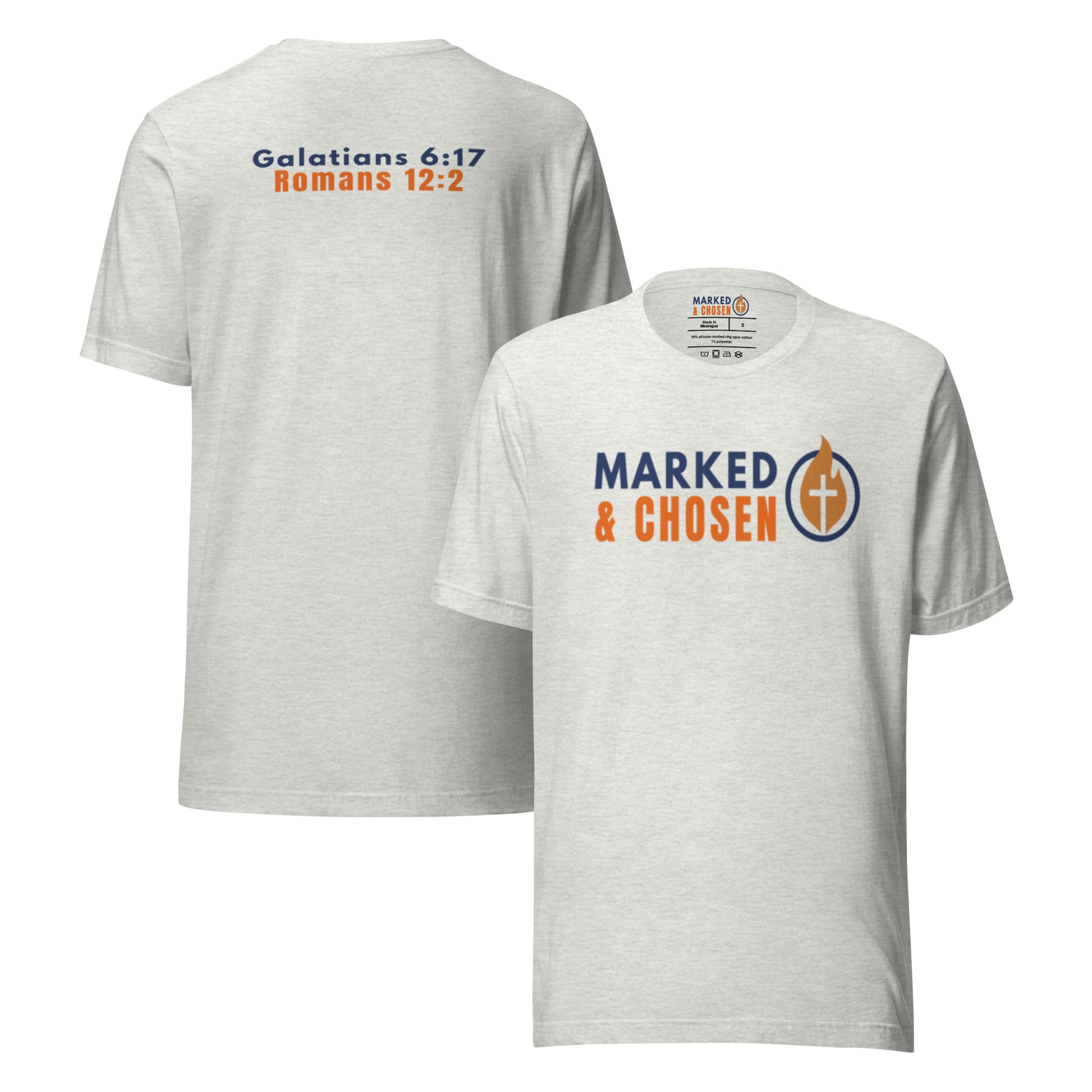 Bella + Canvas 3001 unisex crew neck t-shirt in Ash, made of soft Airlume combed and ring-spun cotton, Printed on the front is Marked & Chosen Logo and on the back the verses: Galatians 6:17 and Romans 12:2.