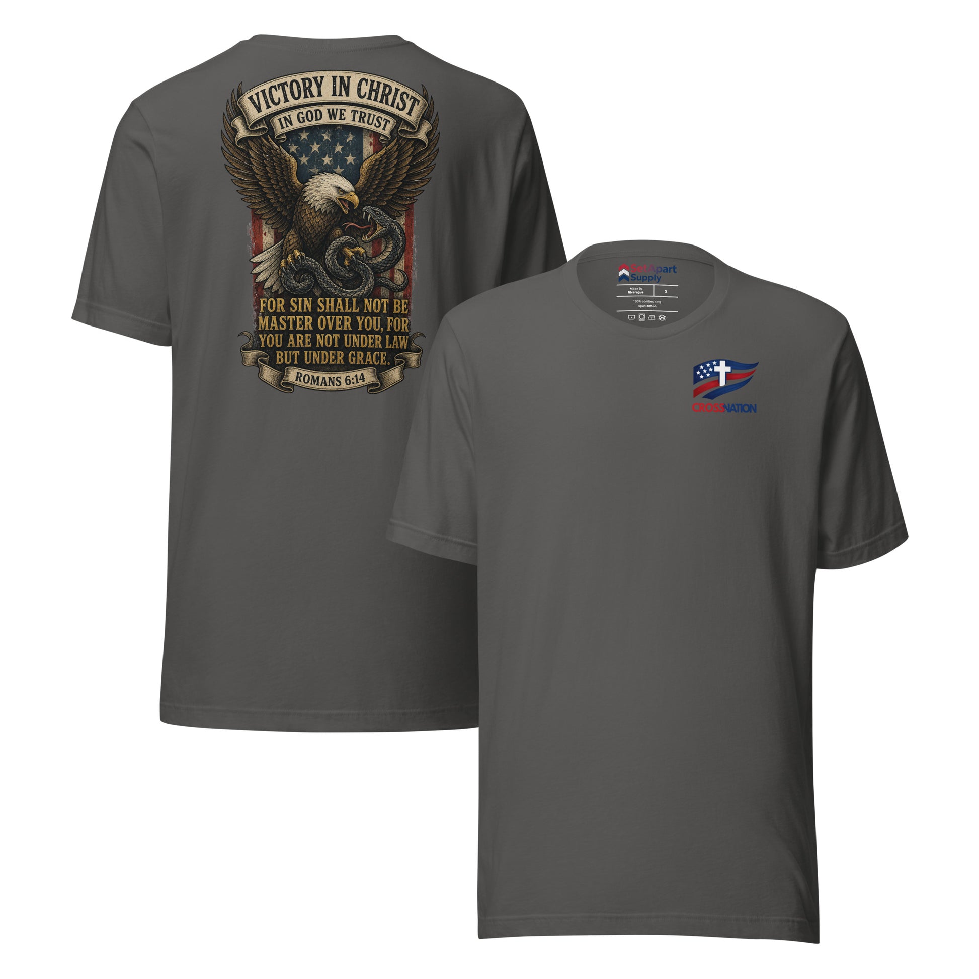 Victory in Christ T-Shirt - Asphalt - Front and Back View