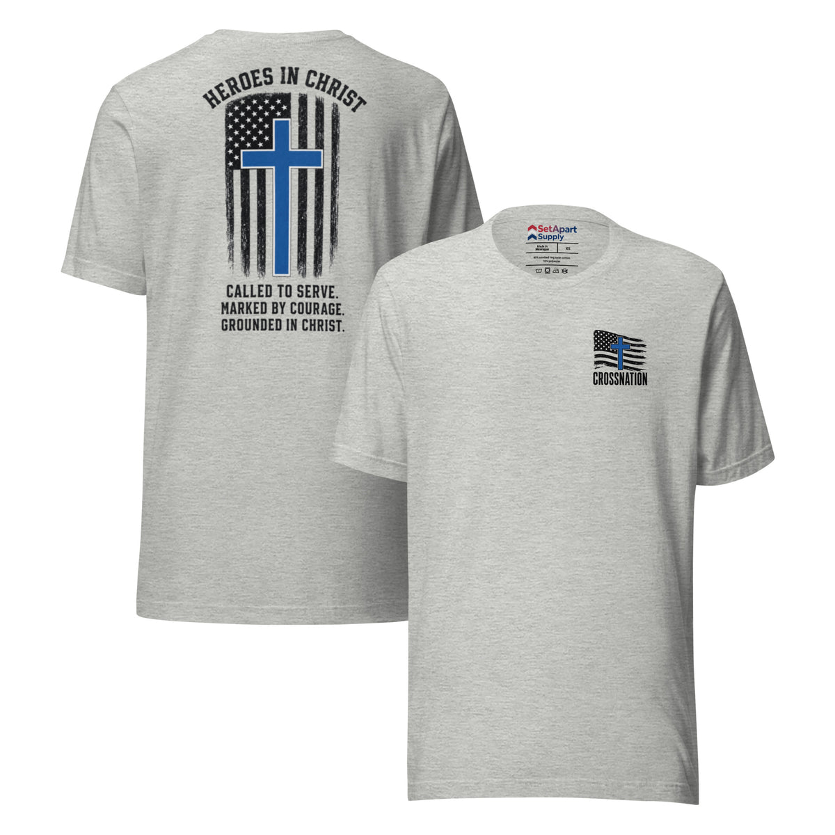 Heroes in Christ Police T-Shirt - Athletic Heather - Front and Back View