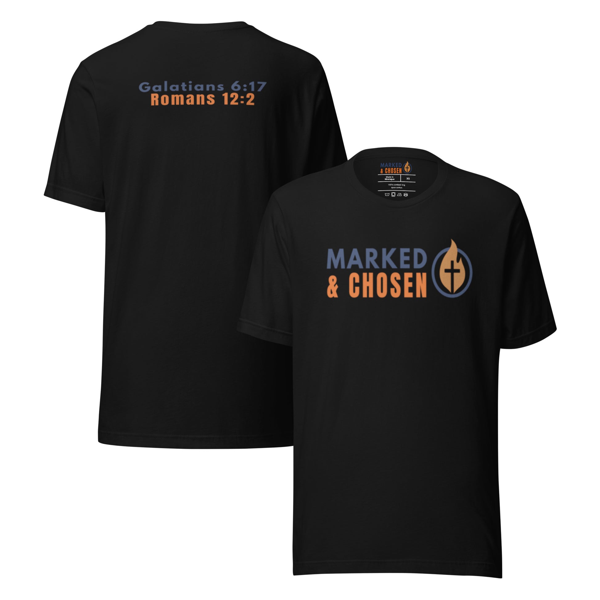 Bella + Canvas 3001 unisex crew neck t-shirt in Black, made of soft Airlume combed and ring-spun cotton, Printed on the front is Marked & Chosen Logo and on the back the verses: Galatians 6:17 and Romans 12:2.