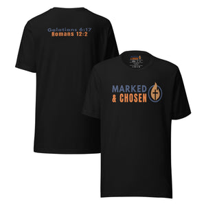 Bella + Canvas 3001 unisex crew neck t-shirt in Black, made of soft Airlume combed and ring-spun cotton, Printed on the front is Marked & Chosen Logo and on the back the verses: Galatians 6:17 and Romans 12:2.