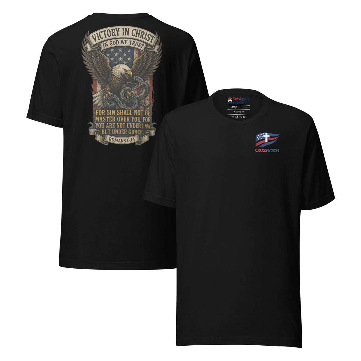 Victory in Christ T-Shirt - Black - Front and Back View