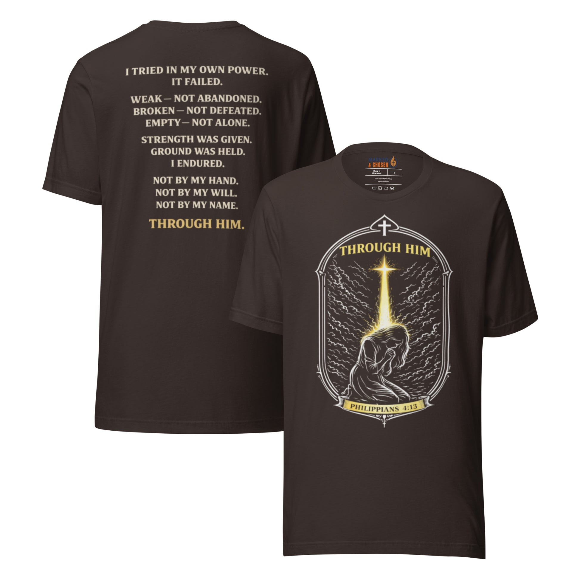 Through Him Women's T-Shirt - Brown - Front and Back View