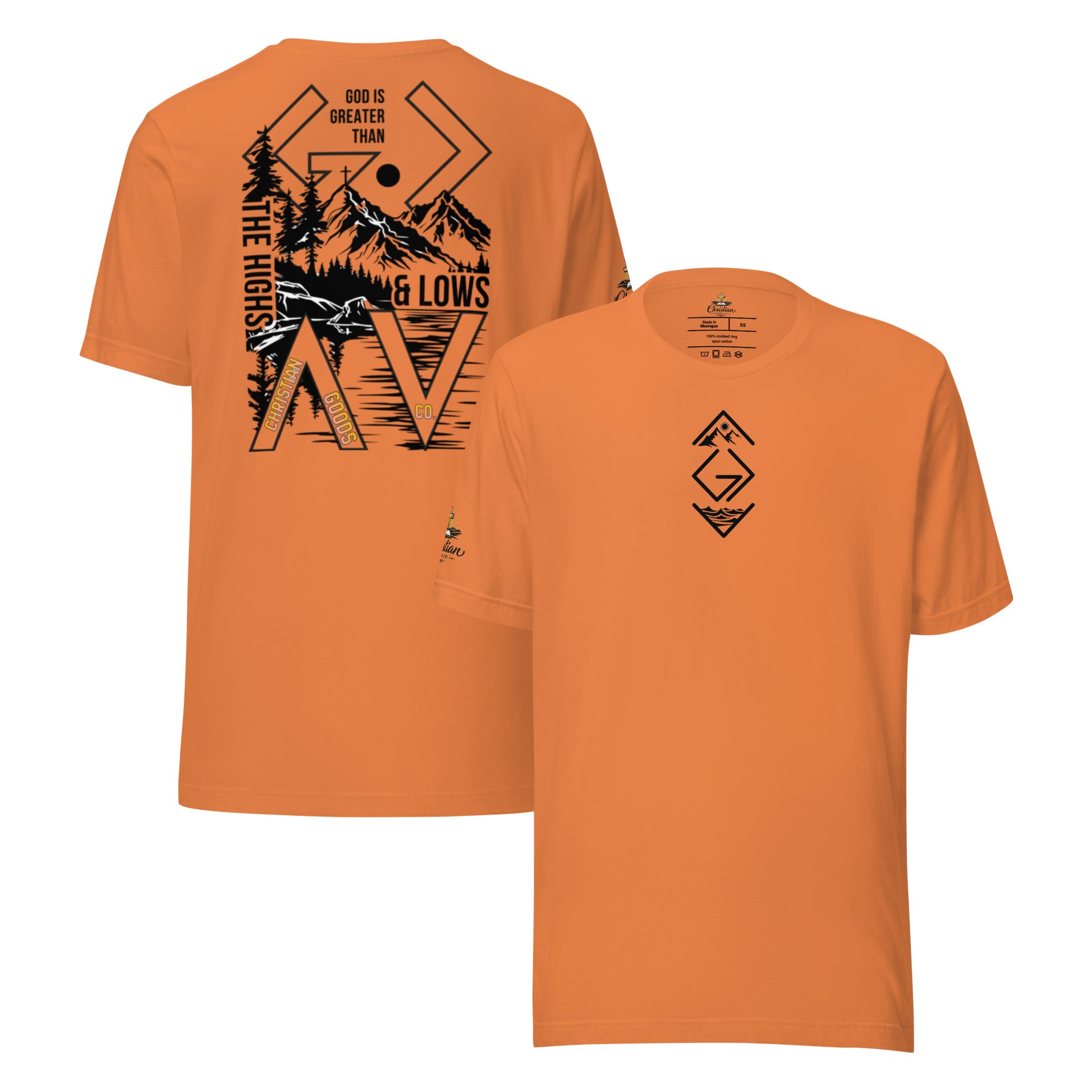 God is Greater Than T-Shirt - Burnt Orange - Front and Back View