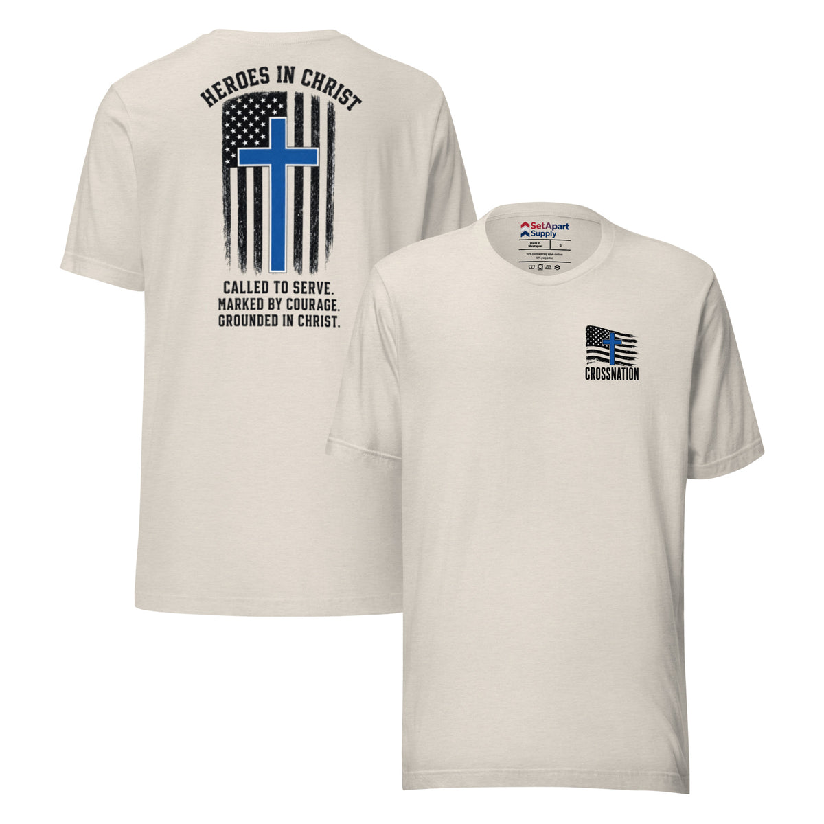 Heroes in Christ Police T-Shirt - Heather Dust - Front and Back View