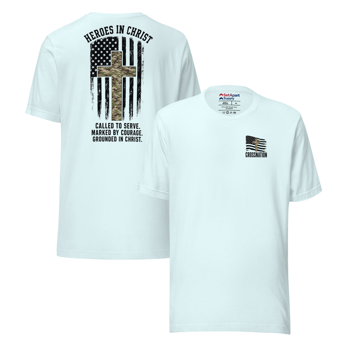 Heroes in Christ Army & Air Force Camo T-Shirt - Heather Ice Blue - Front and Back View