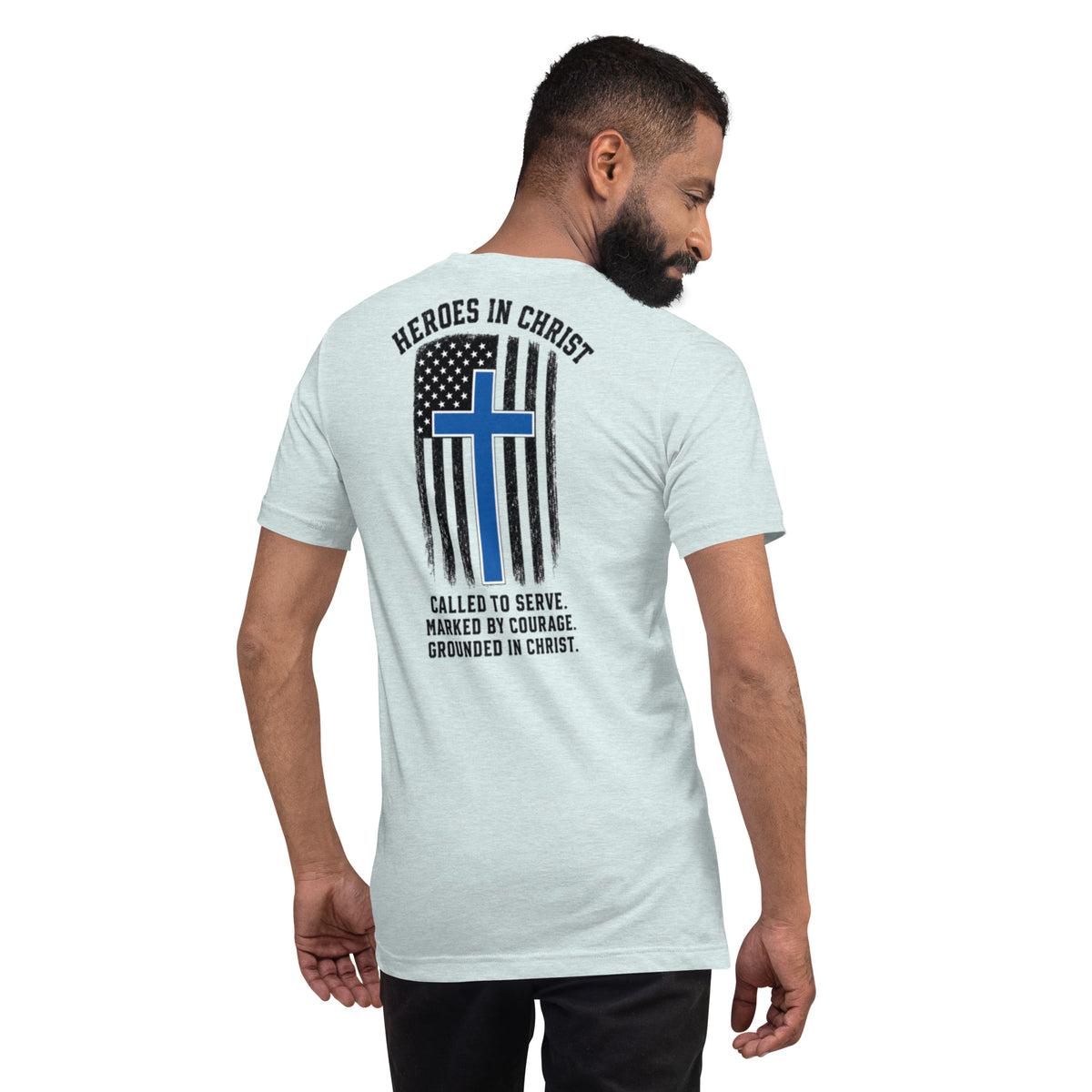 Heroes in Christ Police T-Shirt - Heather Prism Ice Blue - Back View