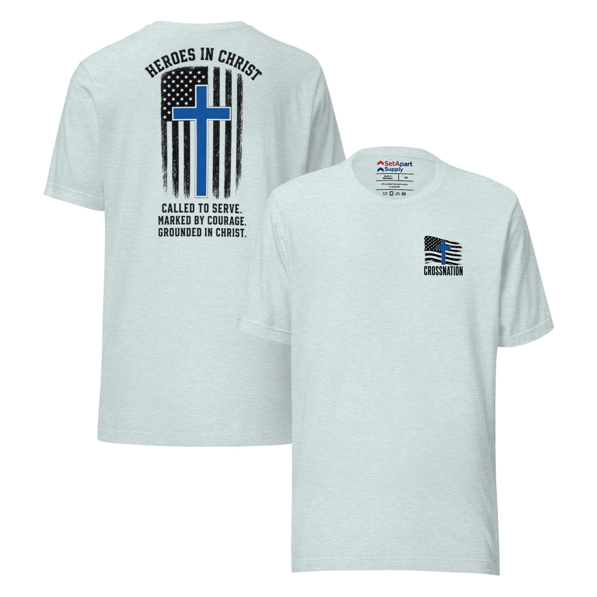 Heroes in Christ Police T-Shirt - Heather Prism Ice Blue - Front and Back View