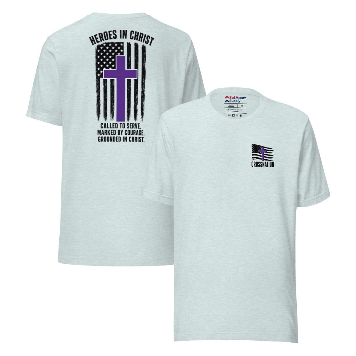 Heroes in Christ Security T-Shirt - Heather Prism Ice Blue - Front and Back View