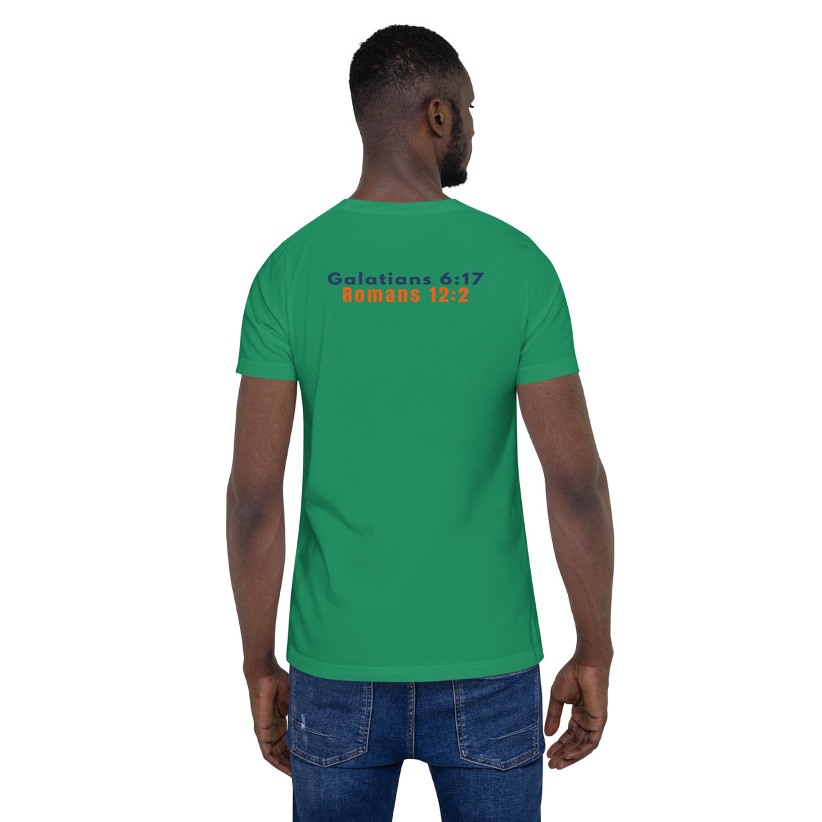 Male Model back wearing Bella + Canvas 3001 unisex crew neck t-shirt in Kelly, made of soft Airlume combed and ring-spun cotton, Printed  on the back the verses: Galatians 6:17 and Romans 12:2.