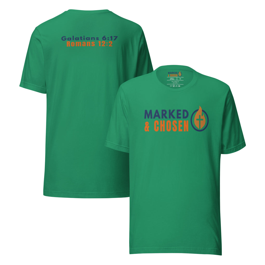 Bella + Canvas 3001 unisex crew neck t-shirt in Kelly, made of soft Airlume combed and ring-spun cotton, Printed on the front is Marked & Chosen Logo and on the back the verses: Galatians 6:17 and Romans 12:2.