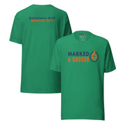 Bella + Canvas 3001 unisex crew neck t-shirt in Kelly, made of soft Airlume combed and ring-spun cotton, Printed on the front is Marked & Chosen Logo and on the back the verses: Galatians 6:17 and Romans 12:2.