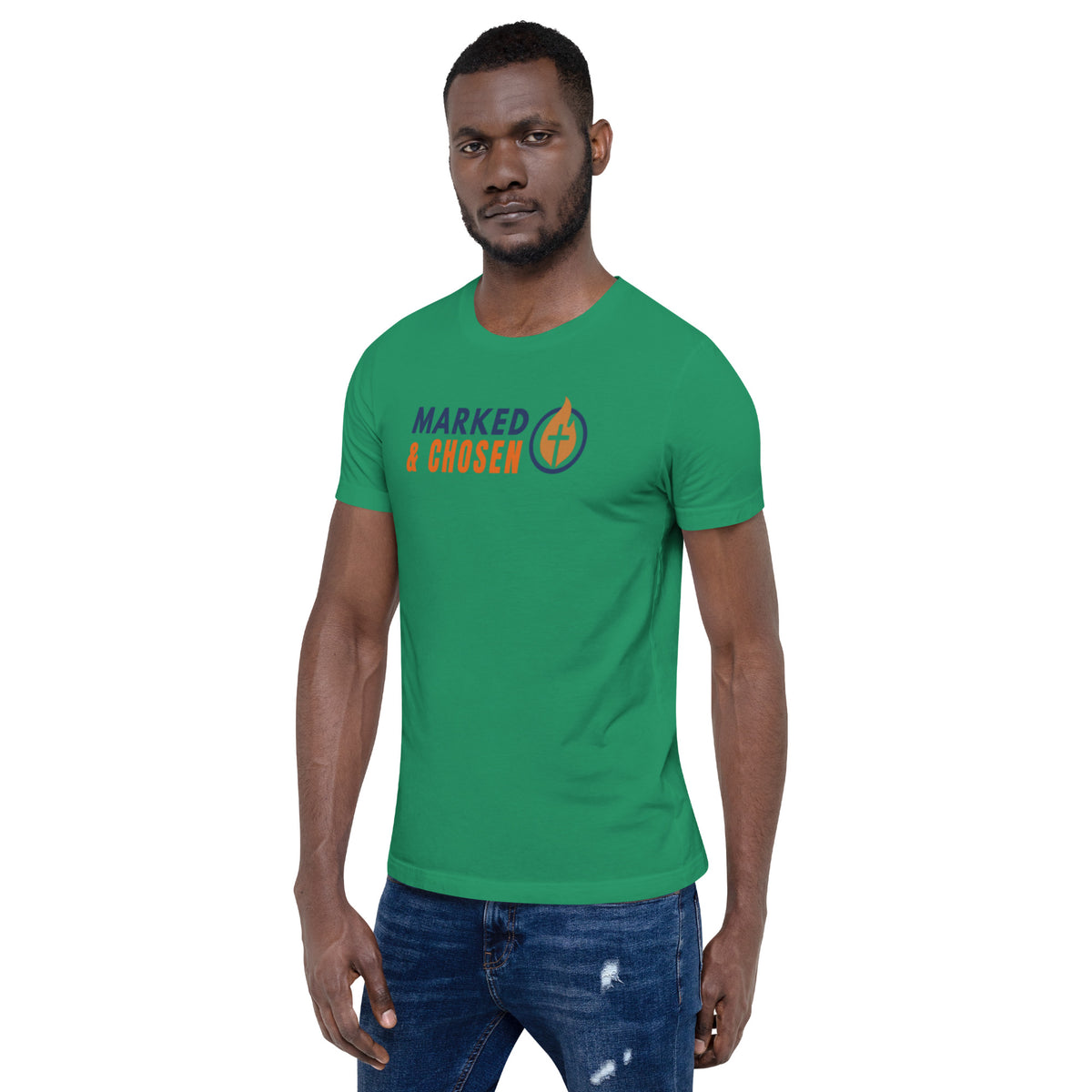 Male Model wearing Bella + Canvas 3001 unisex crew neck t-shirt in Kelly, made of soft Airlume combed and ring-spun cotton, Printed on the front is Marked & Chosen Logo.