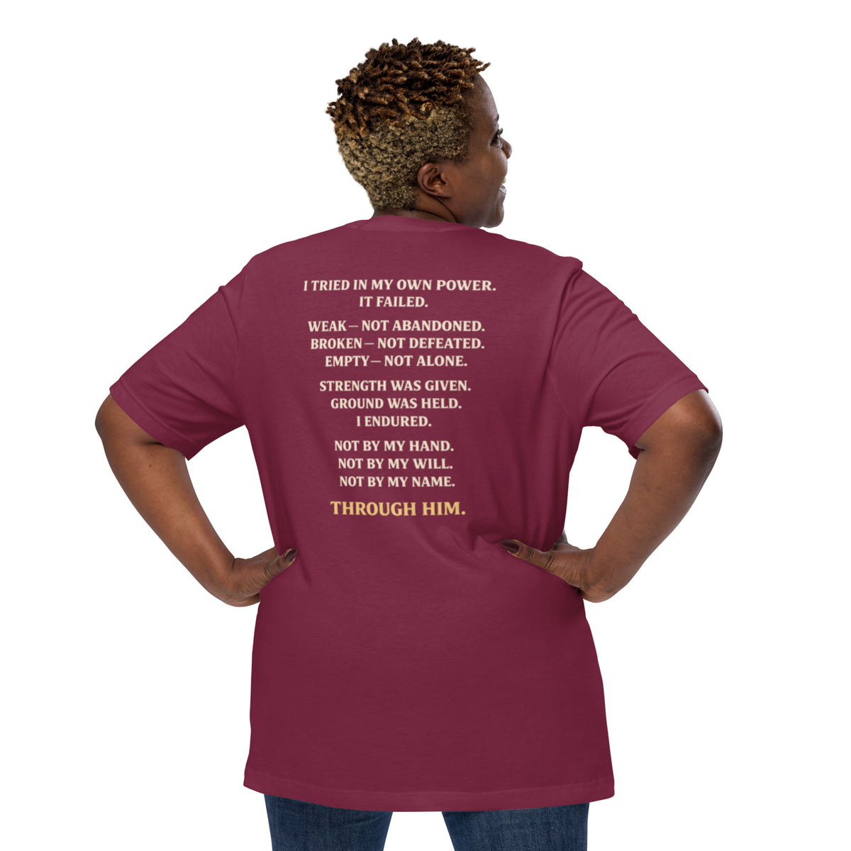 Through Him Women's T-Shirt - Maroon - Back View