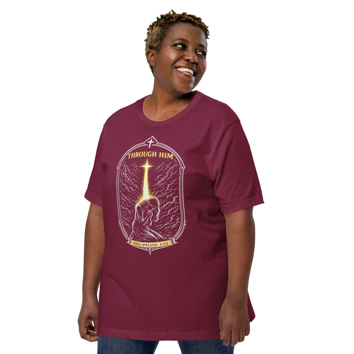 Through Him Women's T-Shirt - Maroon - Left Front View