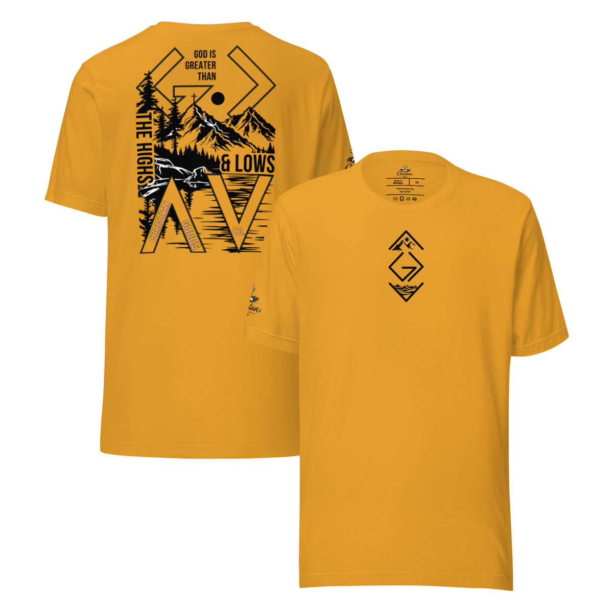 God is Greater Than T-Shirt - Mustard - Front and Back View