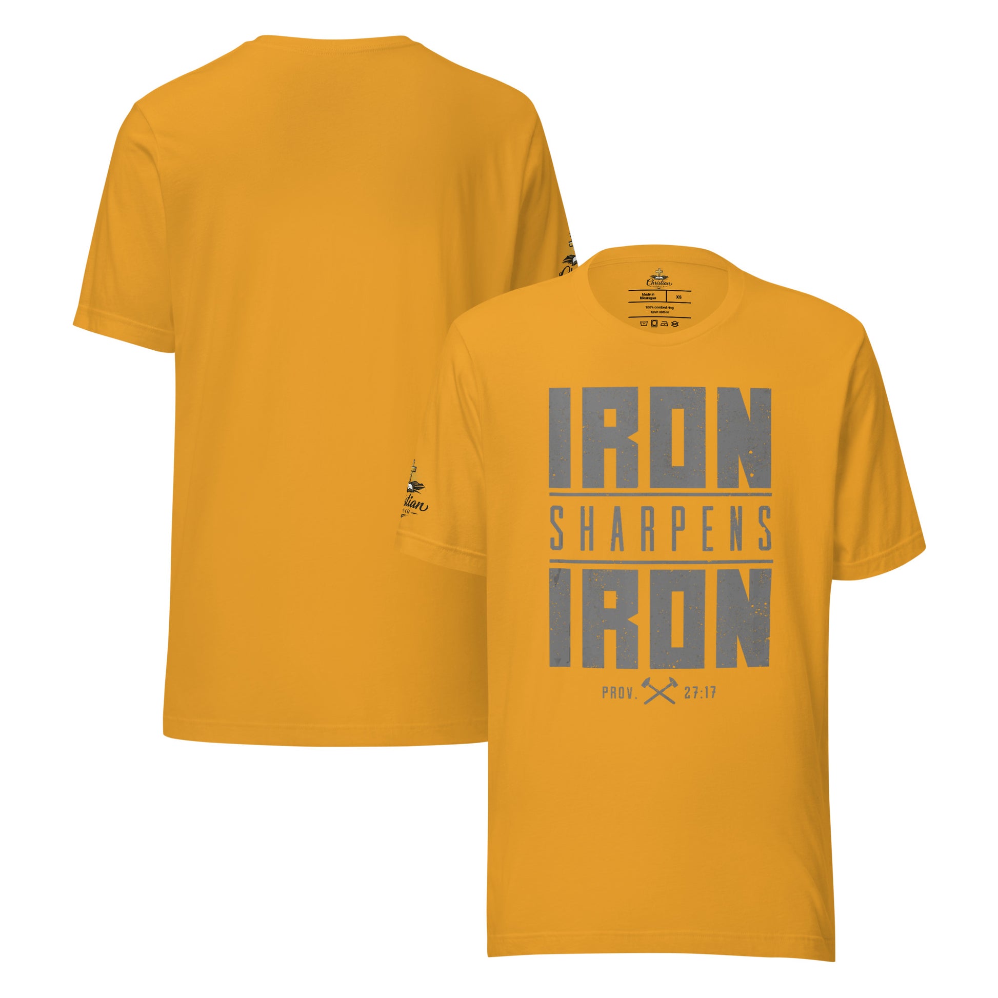 Men's Iron Sharpens Iron T-Shirt - Mustard - Front and Back View