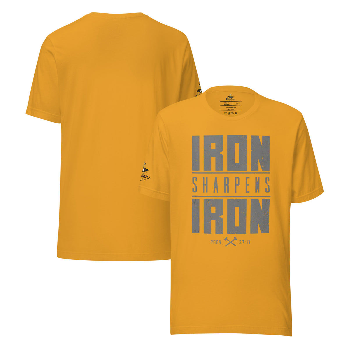 Men's Iron Sharpens Iron T-Shirt - Mustard - Front and Back View