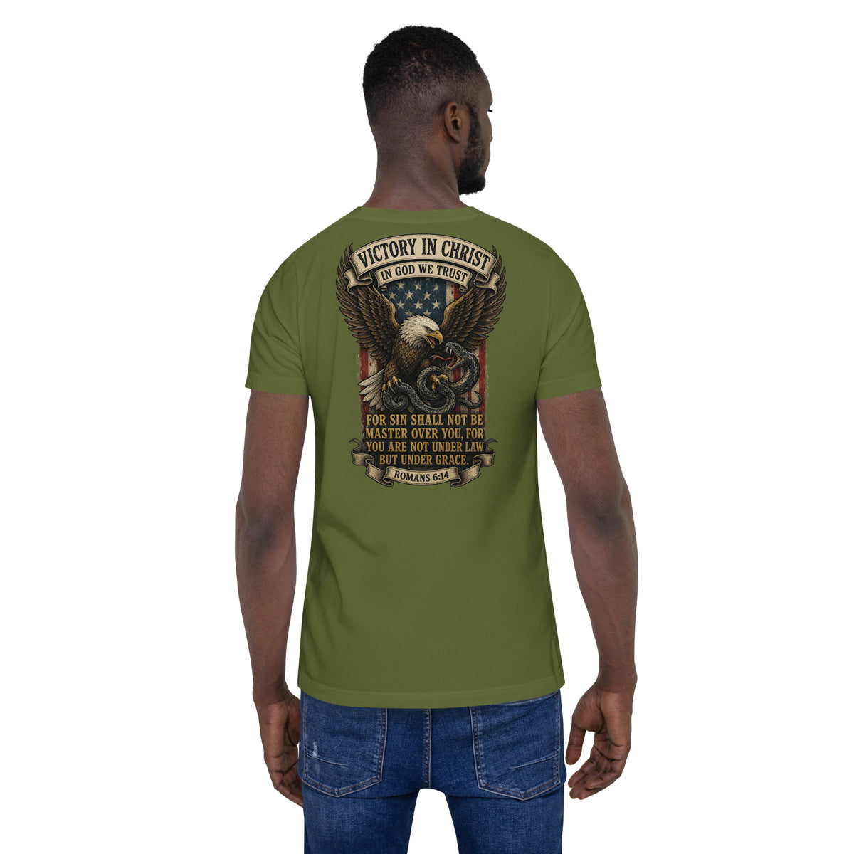 Victory in Christ T-Shirt - Olive - Back View