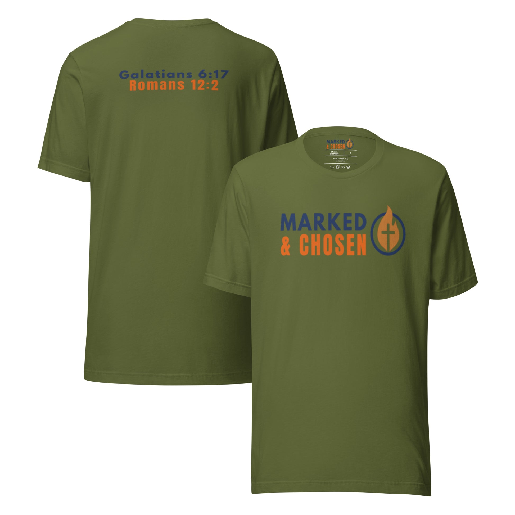 Bella + Canvas 3001 unisex crew neck t-shirt in Olive, made of soft Airlume combed and ring-spun cotton, Printed on the front is Marked & Chosen Logo and on the back the verses: Galatians 6:17 and Romans 12:2.
