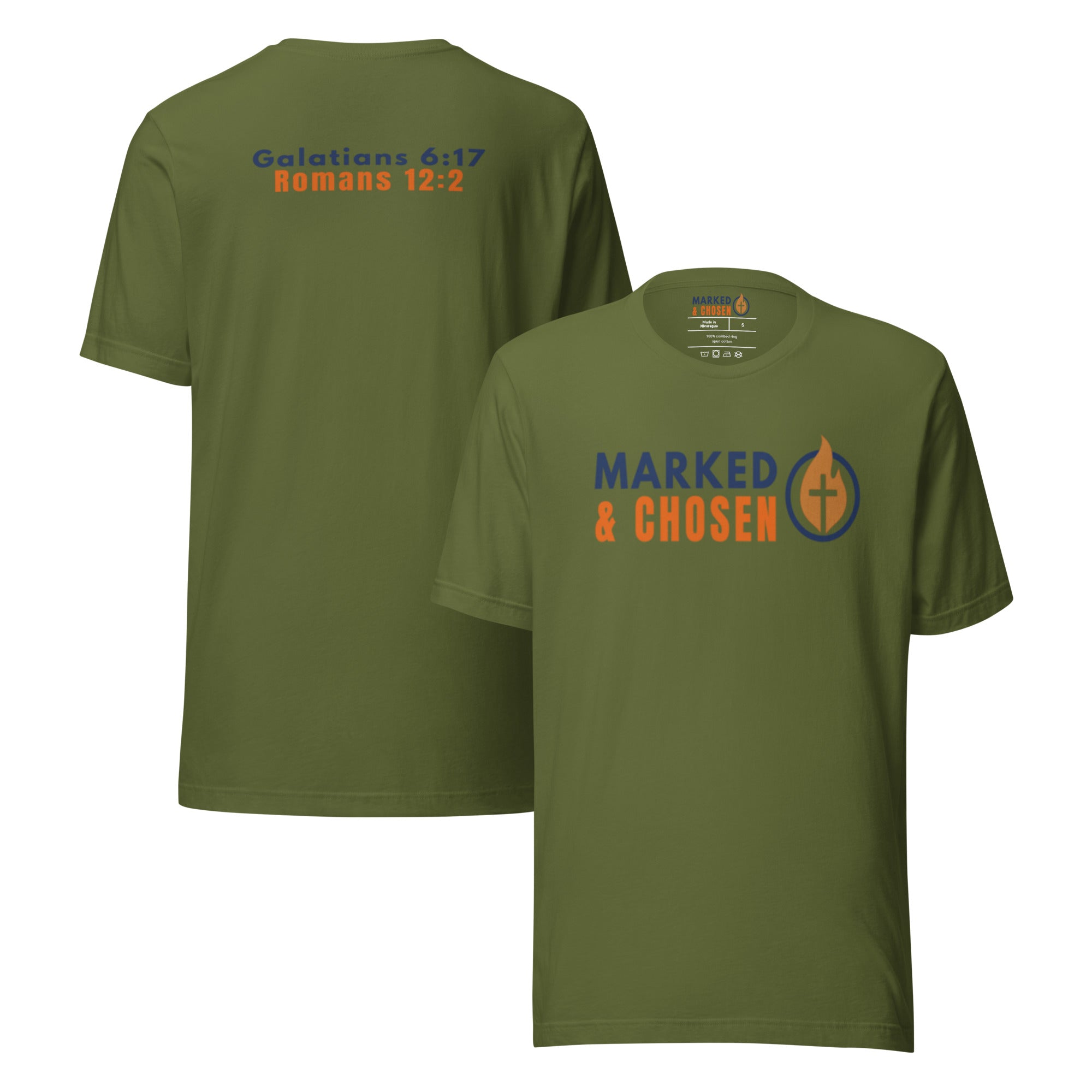Bella + Canvas 3001 unisex crew neck t-shirt in Olive, made of soft Airlume combed and ring-spun cotton, Printed on the front is Marked & Chosen Logo and on the back the verses: Galatians 6:17 and Romans 12:2.