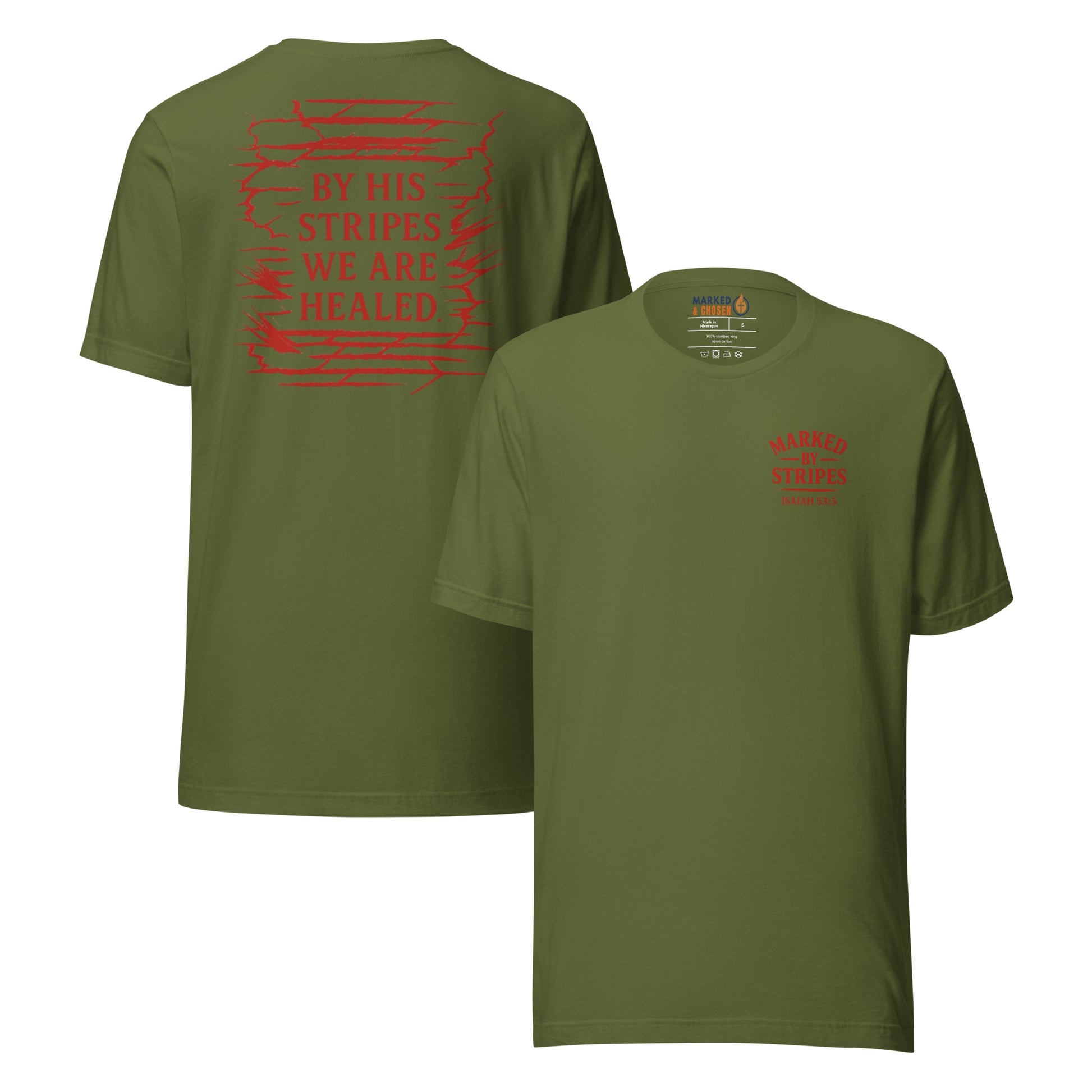 Marked by Stripes T-Shirt - Olive - Front and Back View