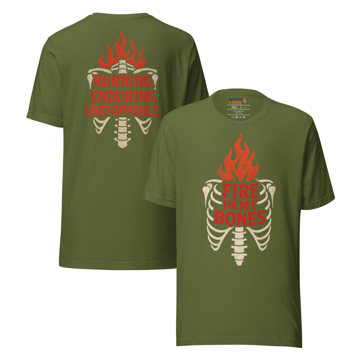 Fire in My Bones T-Shirt - Olive - Front and Back View