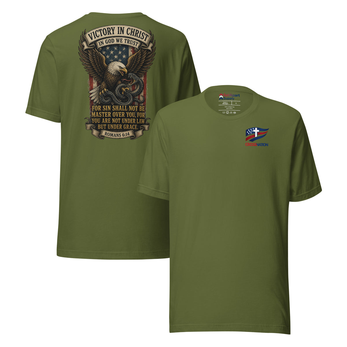 Victory in Christ T-Shirt - Olive - Front and Back View