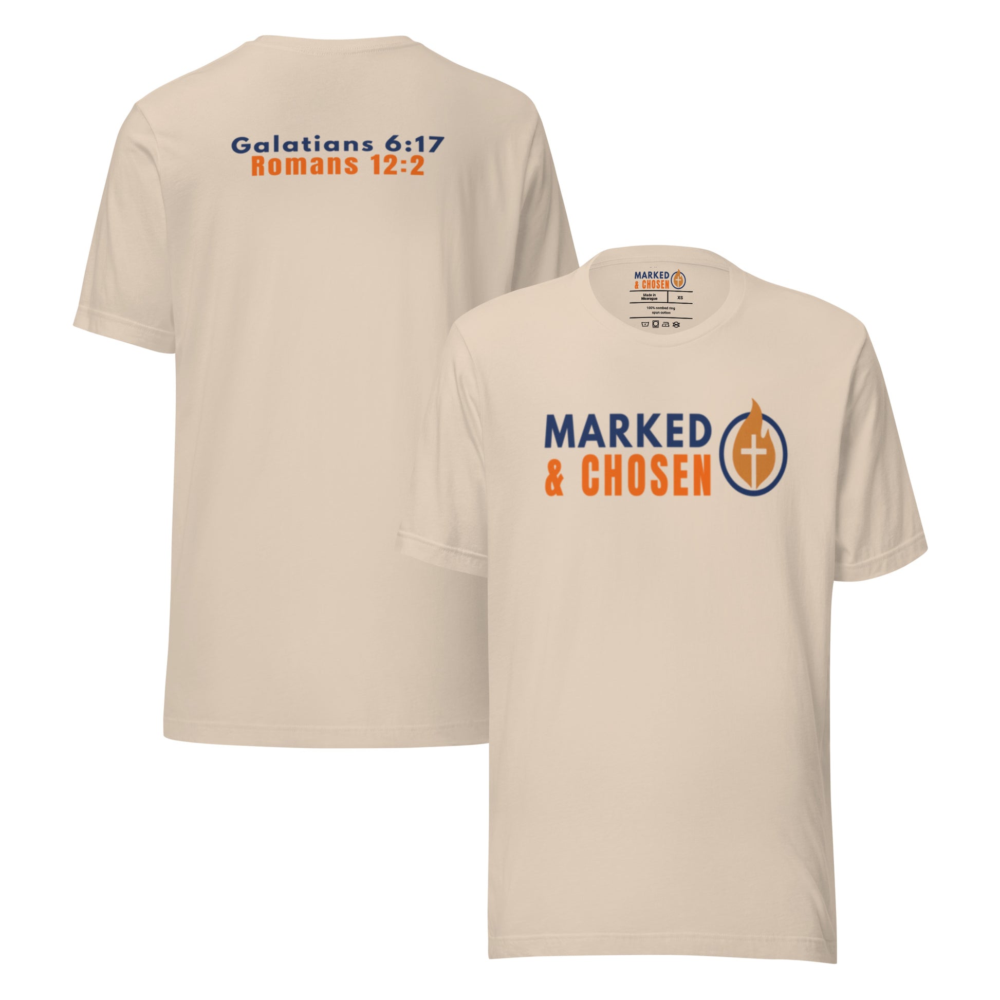 Bella + Canvas 3001 unisex crew neck t-shirt in Soft Cream, made of soft Airlume combed and ring-spun cotton, Printed on the front is Marked & Chosen Logo and on the back the verses: Galatians 6:17 and Romans 12:2.