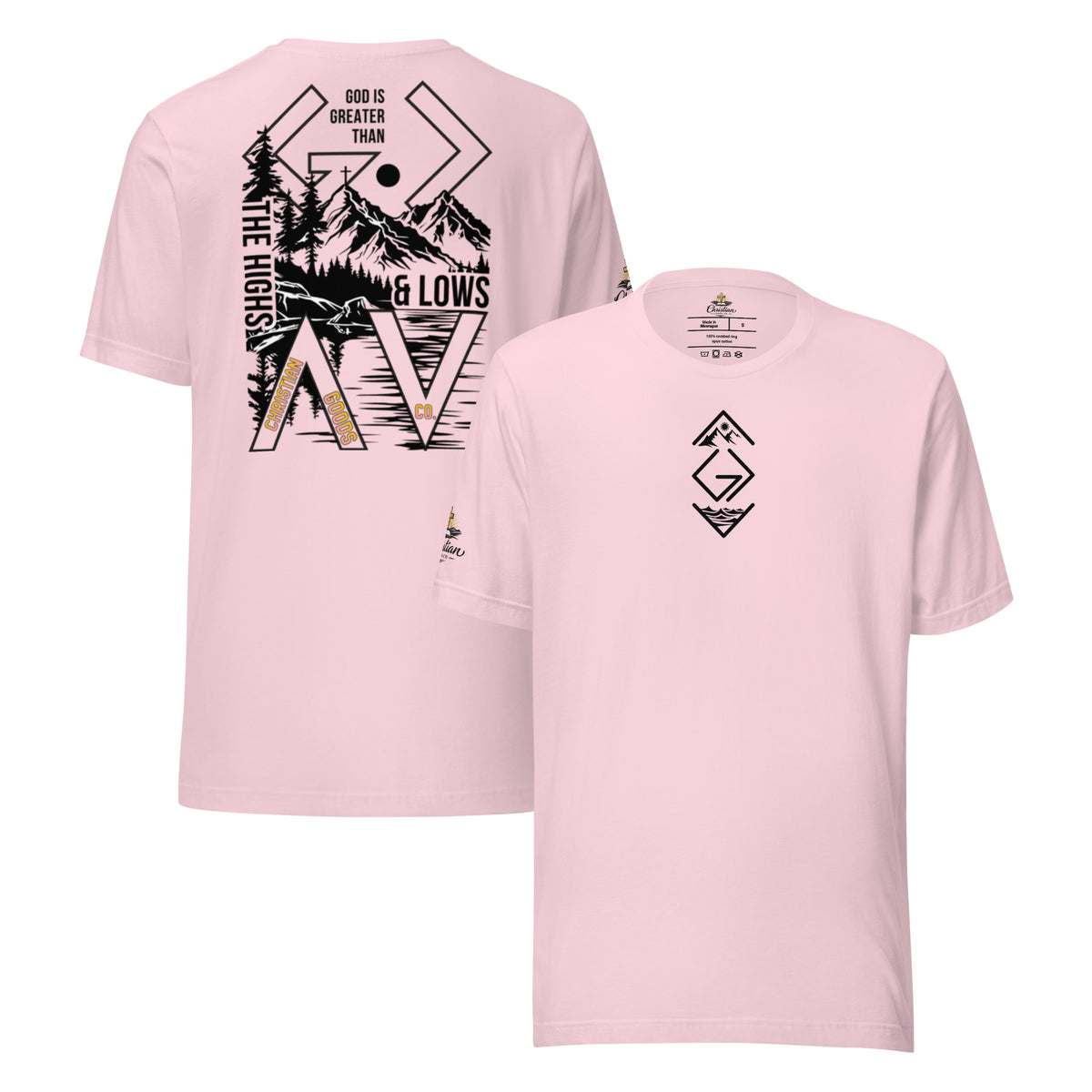 God is Greater Than T-Shirt - Soft Pink - Front and Back View