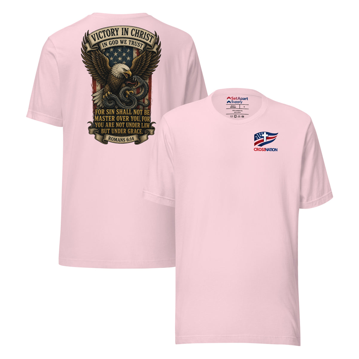 Victory in Christ T-Shirt - Soft Pink - Front and Back View