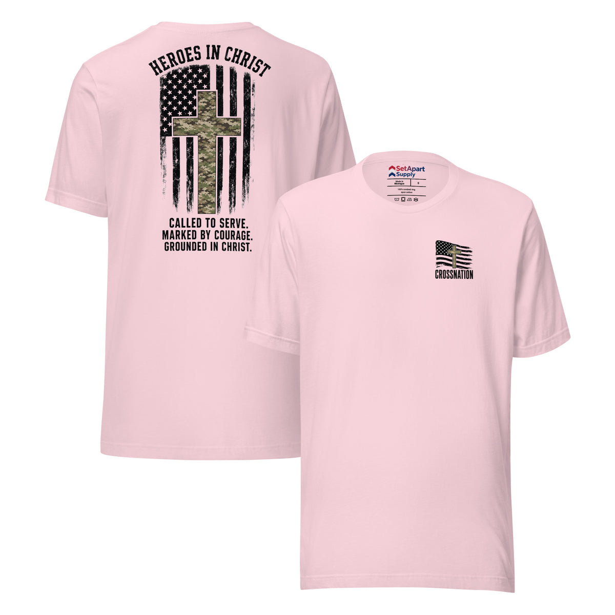 Heroes in Christ Army & Air Force Camo T-Shirt - Soft Pink - Front and Back View