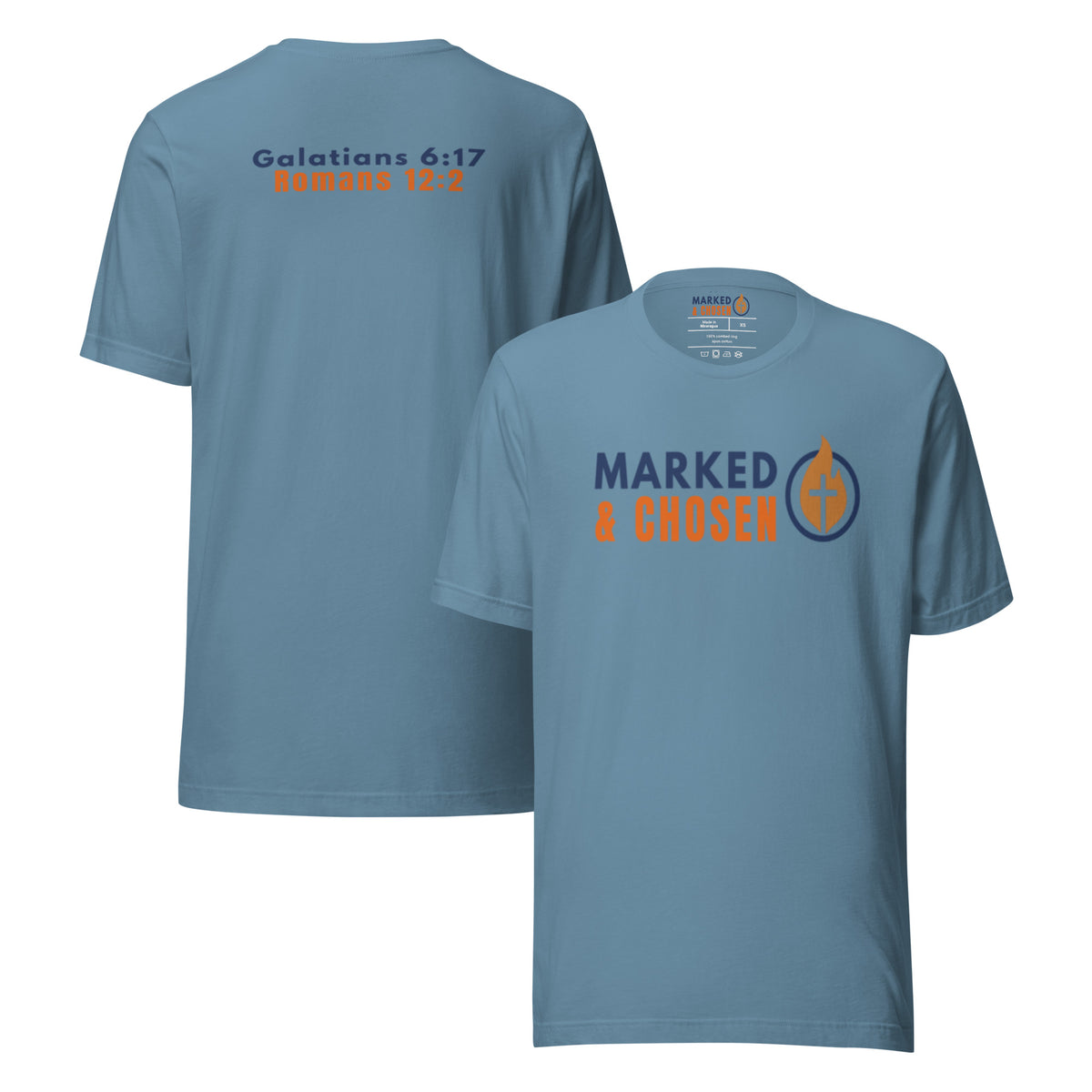 Bella + Canvas 3001 unisex crew neck t-shirt in Steel Blue, made of soft Airlume combed and ring-spun cotton, Printed on the front is Marked & Chosen Logo and on the back the verses: Galatians 6:17 and Romans 12:2.