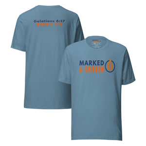 Bella + Canvas 3001 unisex crew neck t-shirt in Steel Blue, made of soft Airlume combed and ring-spun cotton, Printed on the front is Marked & Chosen Logo and on the back the verses: Galatians 6:17 and Romans 12:2.