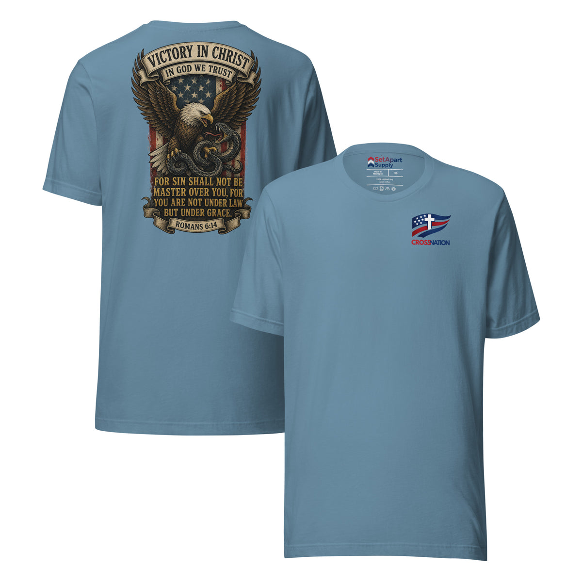 Victory in Christ T-Shirt - Steel Blue - Front and Back View