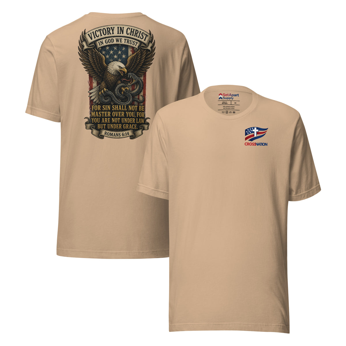 Victory in Christ T-Shirt - Tan - Front and Back View