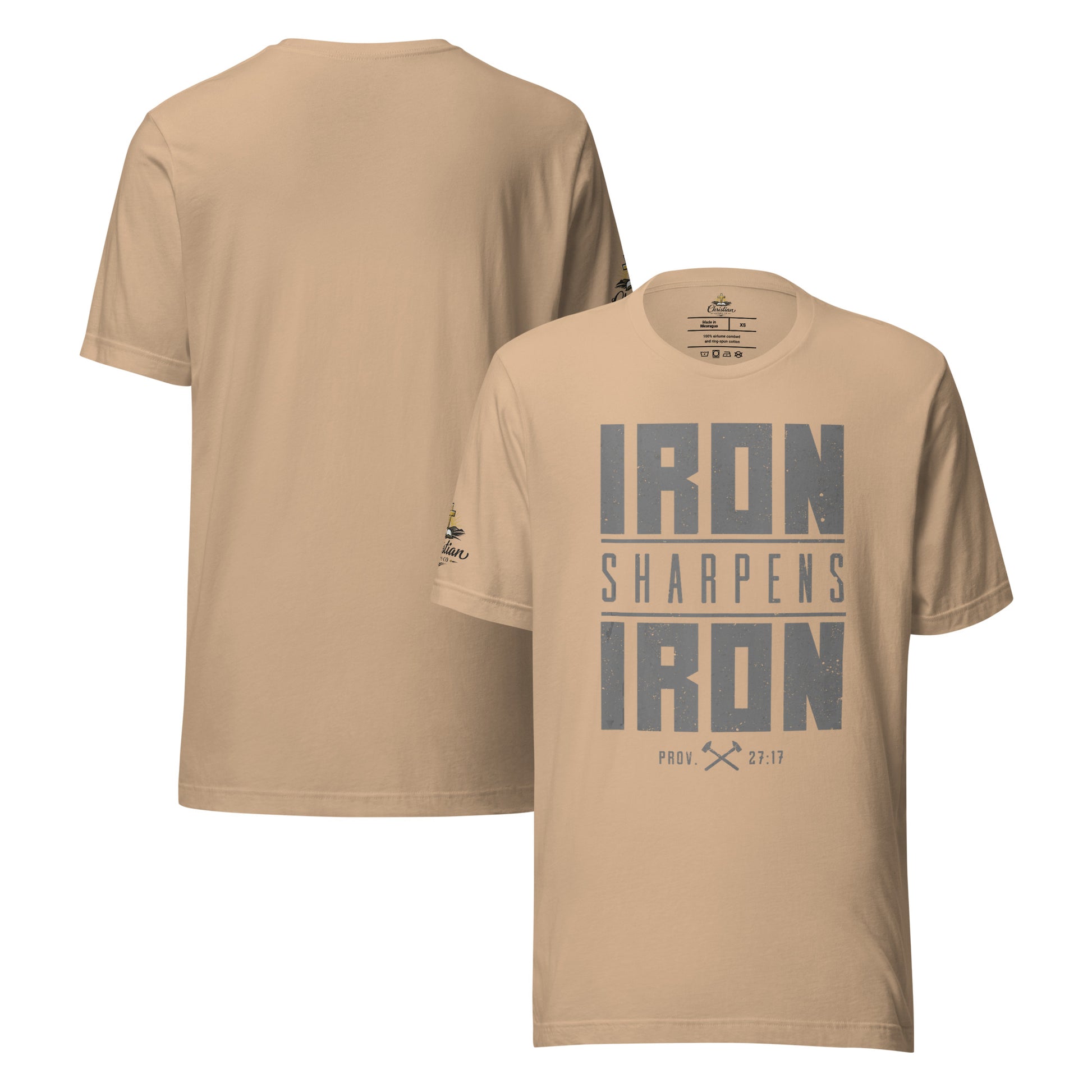 Men's Iron Sharpens Iron T-Shirt - Tan - Front and Back View