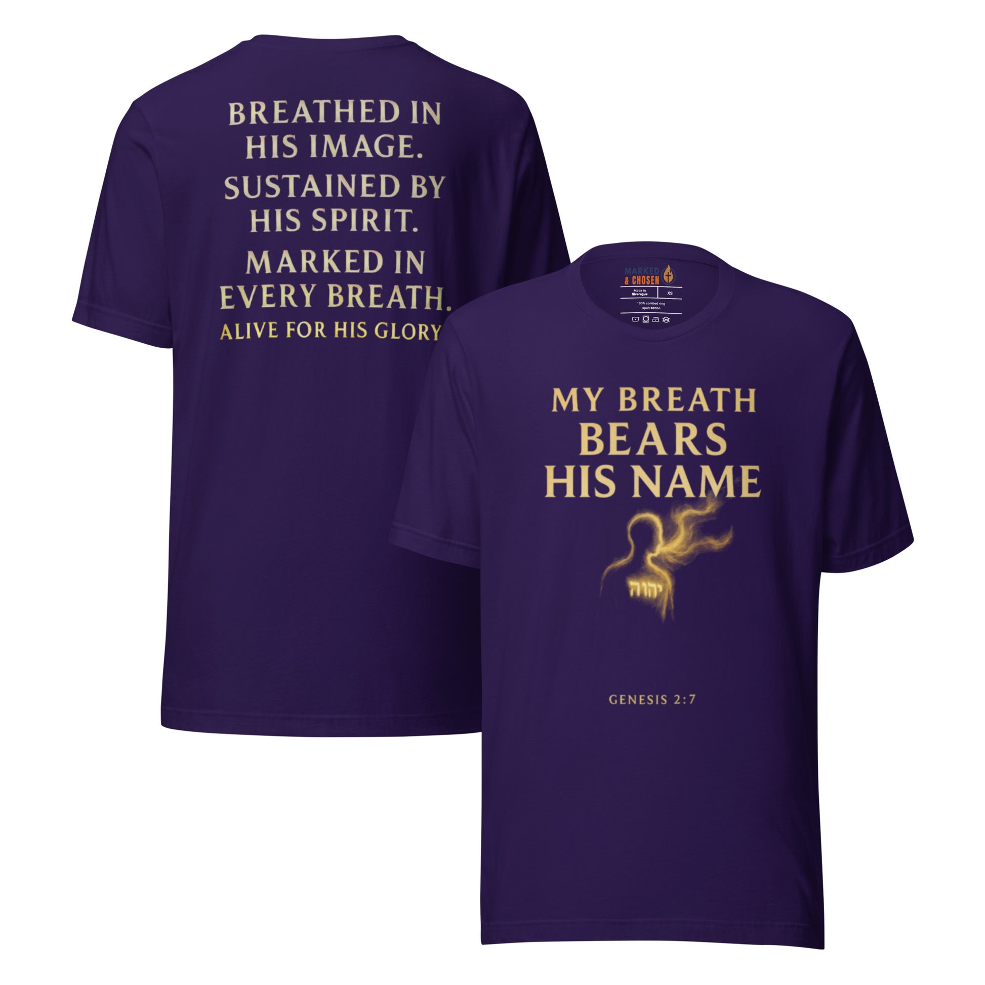 My Breath Bears His Name T-Shirt - Team Purple - Front and Back View
