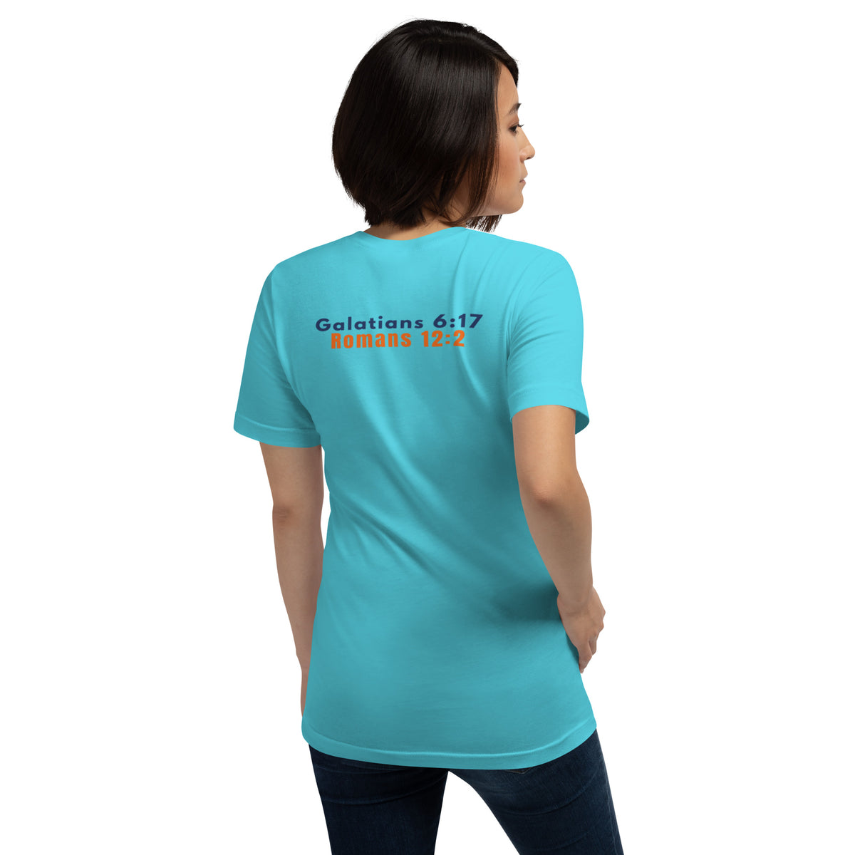 Female Model wearing Bella + Canvas 3001 unisex crew neck t-shirt in Turquoise, made of soft Airlume combed and ring-spun cotton, Printed on the back the verses: Galatians 6:17 and Romans 12:2.