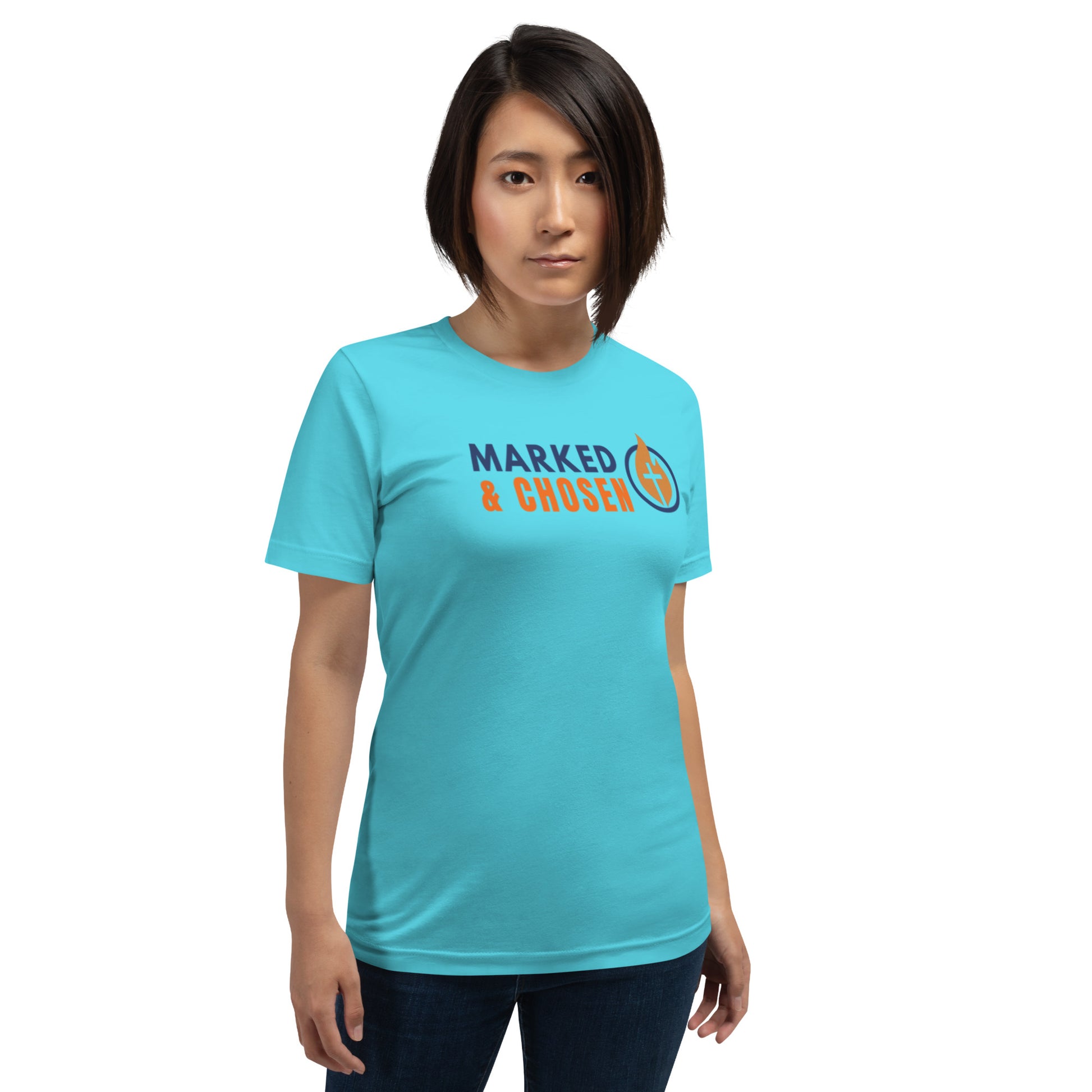 Female Model wearing Bella + Canvas 3001 unisex crew neck t-shirt in Turquoise, made of soft Airlume combed and ring-spun cotton, Printed on the front is Marked & Chosen Logo.