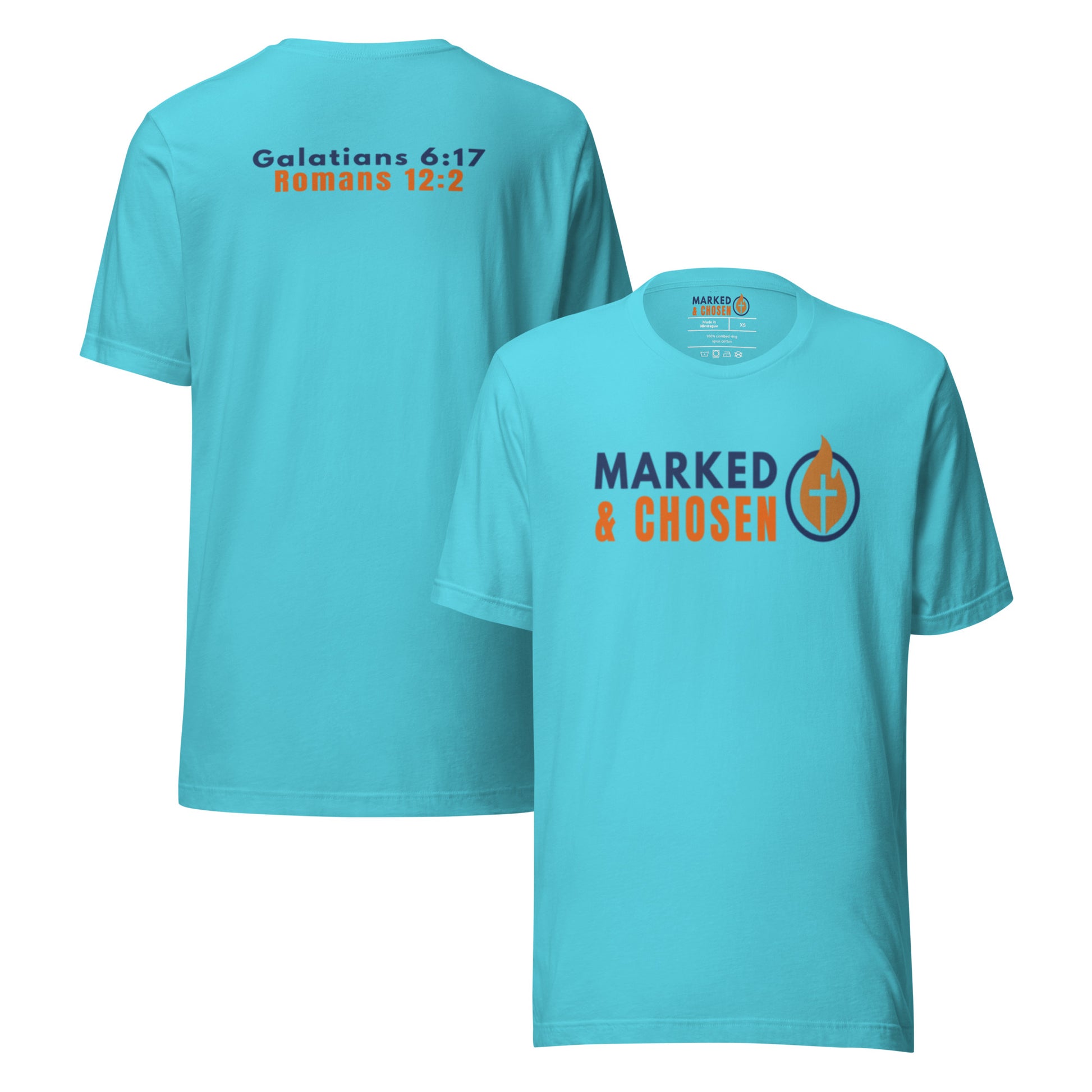 Bella + Canvas 3001 unisex crew neck t-shirt in Turquoise, made of soft Airlume combed and ring-spun cotton, Printed on the front is Marked & Chosen Logo and on the back the verses: Galatians 6:17 and Romans 12:2.