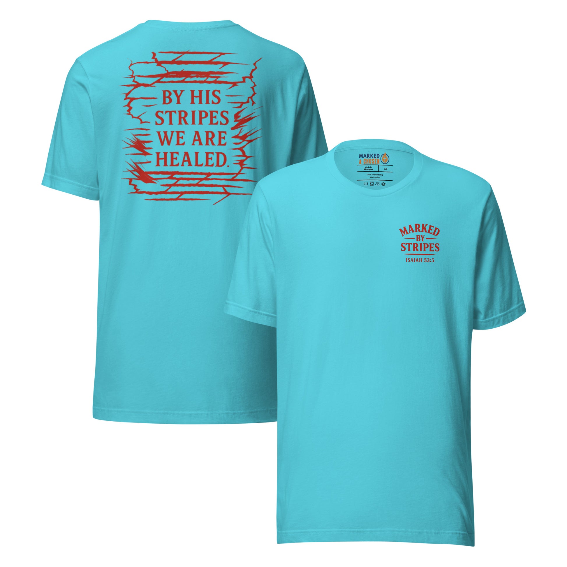 Marked by Stripes T-Shirt - Turquoise - Front and Back View